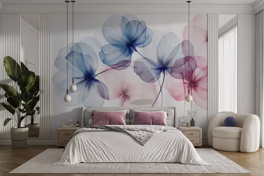 Fototapet Genomskinliga, strukturerade blå och rosa blommor på ljus bakgrund, med ömtåliga kronblad som överlappar varandra w09892