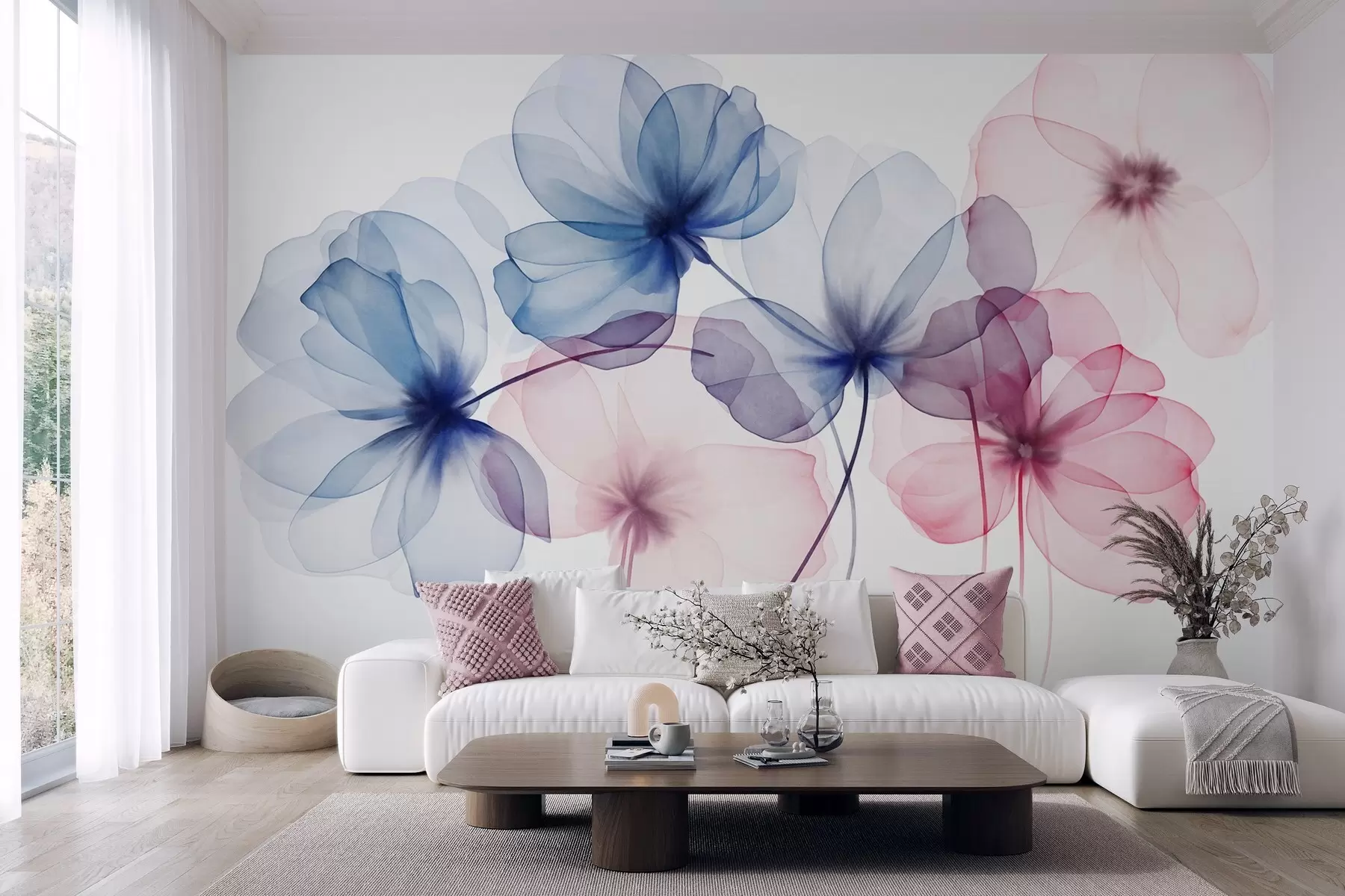 Fototapet Genomskinliga, strukturerade blå och rosa blommor på ljus bakgrund, med ömtåliga kronblad som överlappar varandra w09892