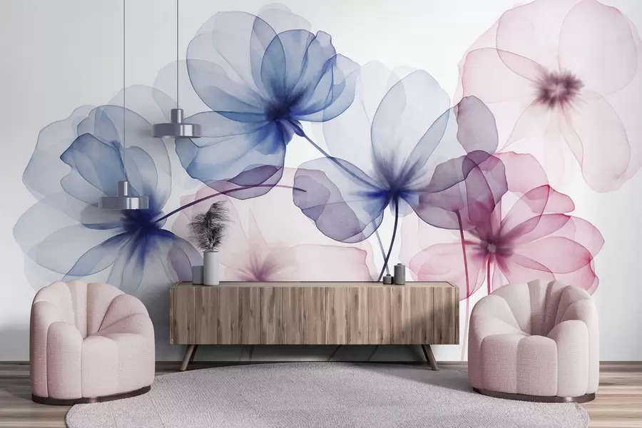 Fototapet Genomskinliga, strukturerade blå och rosa blommor på ljus bakgrund, med ömtåliga kronblad som överlappar varandra w09892