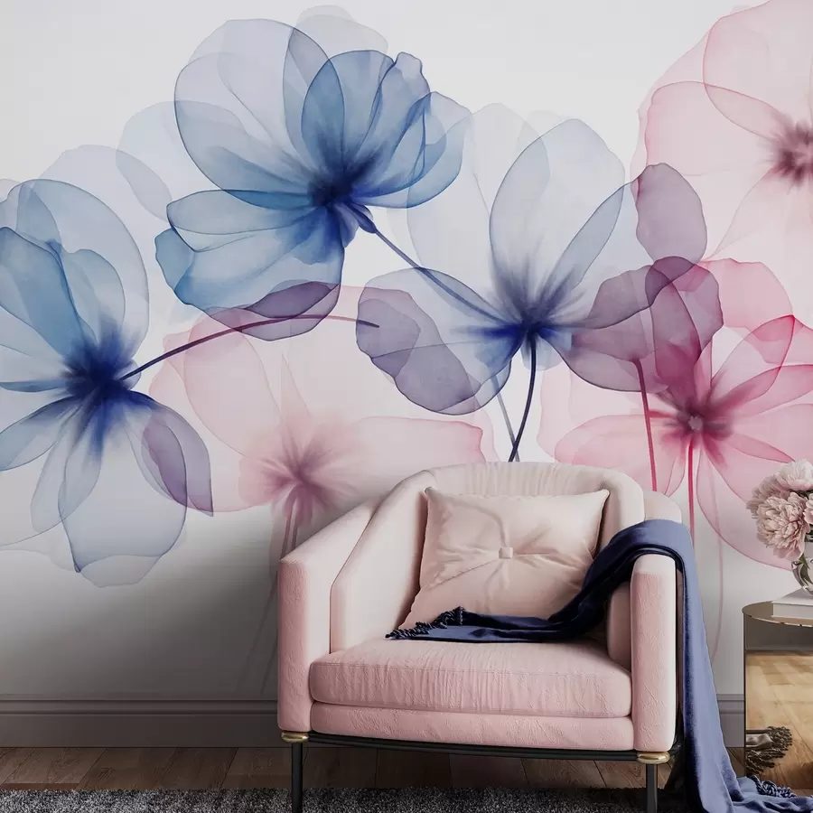 Fototapet Genomskinliga, strukturerade blå och rosa blommor på ljus bakgrund, med ömtåliga kronblad som överlappar varandra w09892