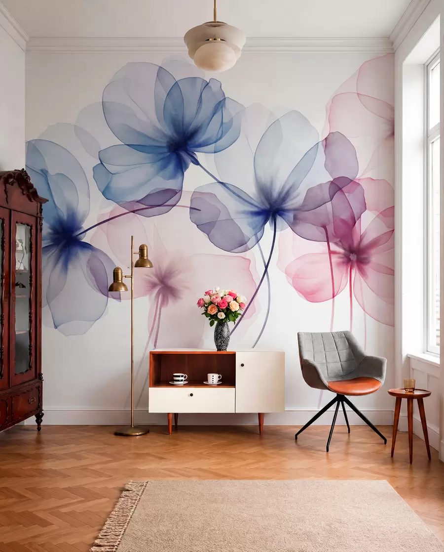 Fototapet Genomskinliga, strukturerade blå och rosa blommor på ljus bakgrund, med ömtåliga kronblad som överlappar varandra w09892
