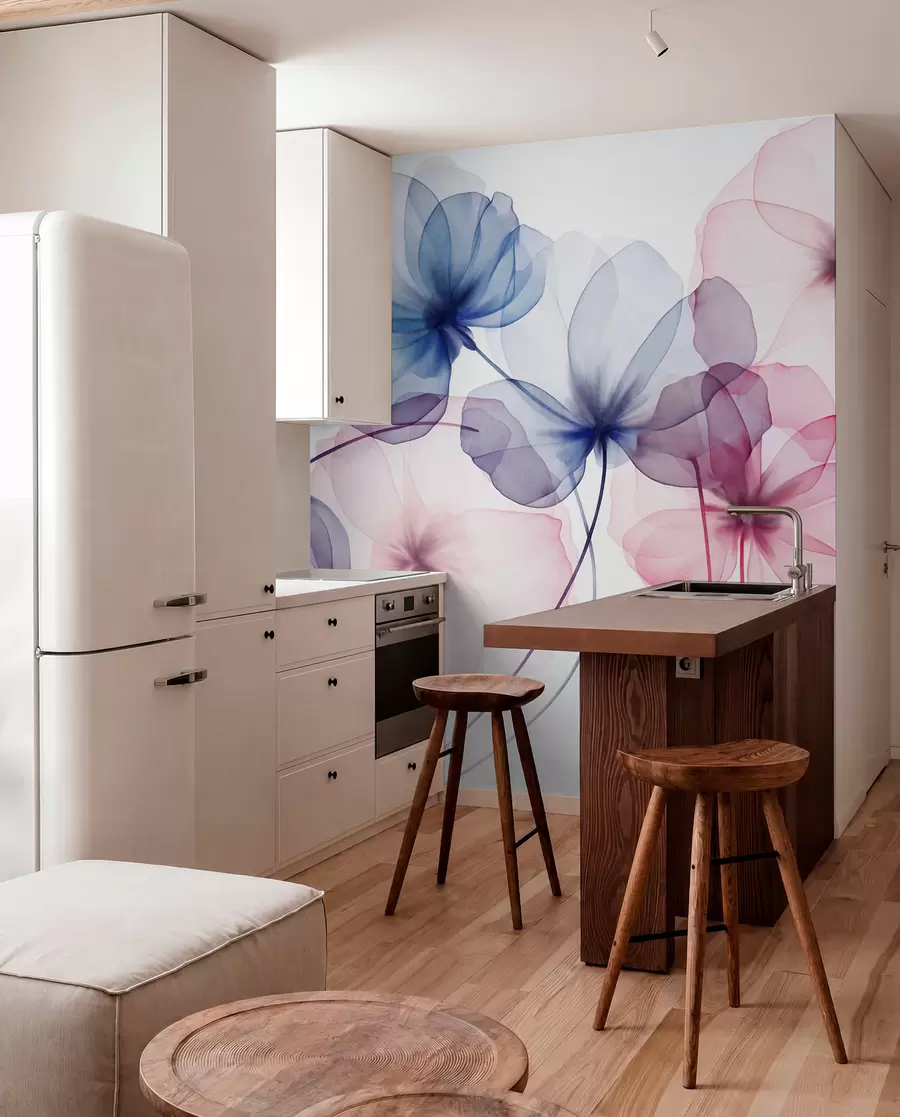 Fototapet Genomskinliga, strukturerade blå och rosa blommor på ljus bakgrund, med ömtåliga kronblad som överlappar varandra w09892