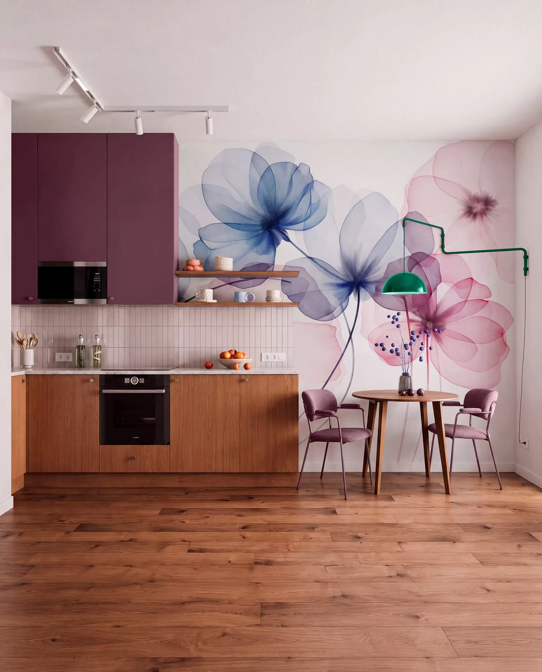 Fototapet Genomskinliga, strukturerade blå och rosa blommor på ljus bakgrund, med ömtåliga kronblad som överlappar varandra w09892