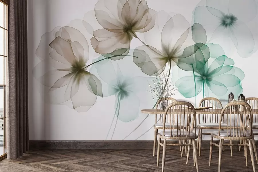 Fototapet Genomskinliga, strukturerade gröna och bruna blommor mot en ljus bakgrund, med ömtåliga kronblad som överlappar varandra w09892v1