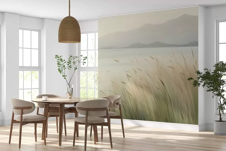 Fototapet Gräs vid sjön med bergen i bakgrunden w05668