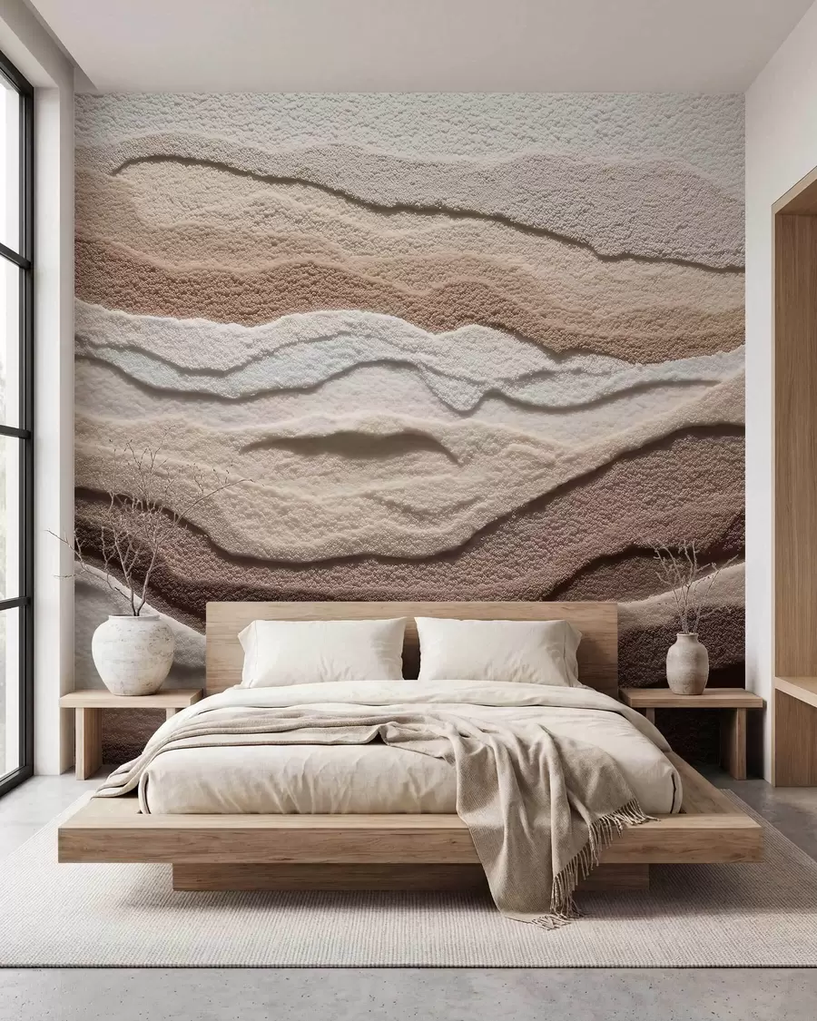 Fototapet Texturerad tapet med skiktade sandformationer i en varm beige färgskala w09807