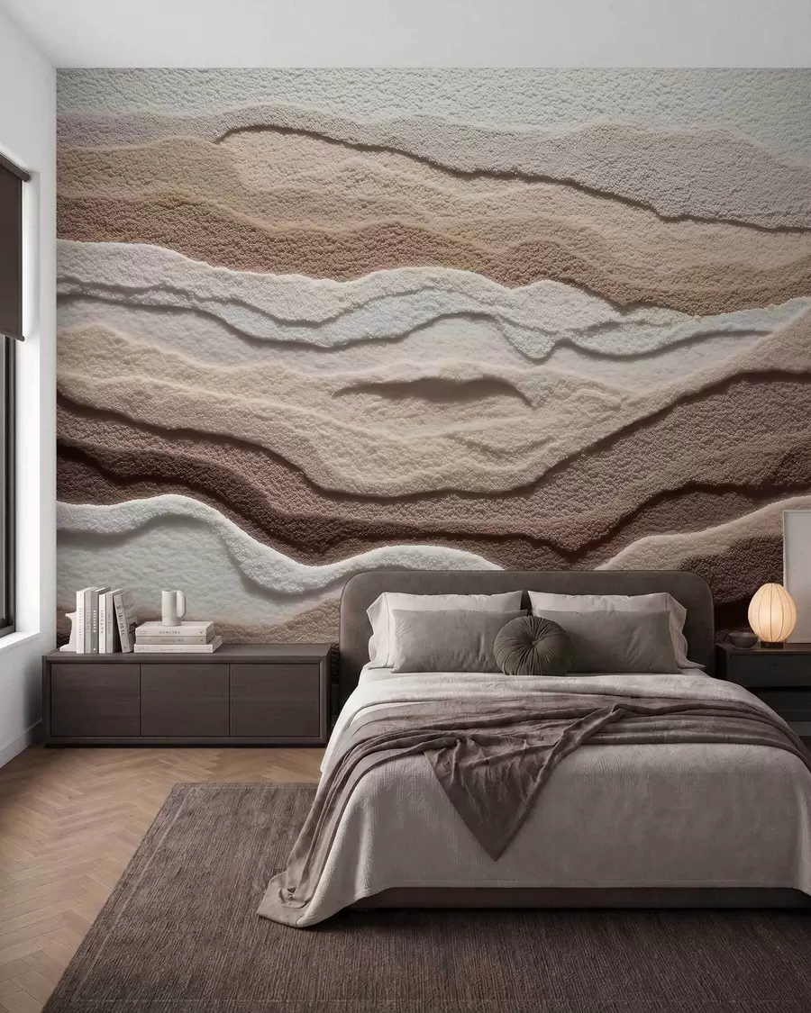 Fototapet Texturerad tapet med skiktade sandformationer i en varm beige färgskala w09807