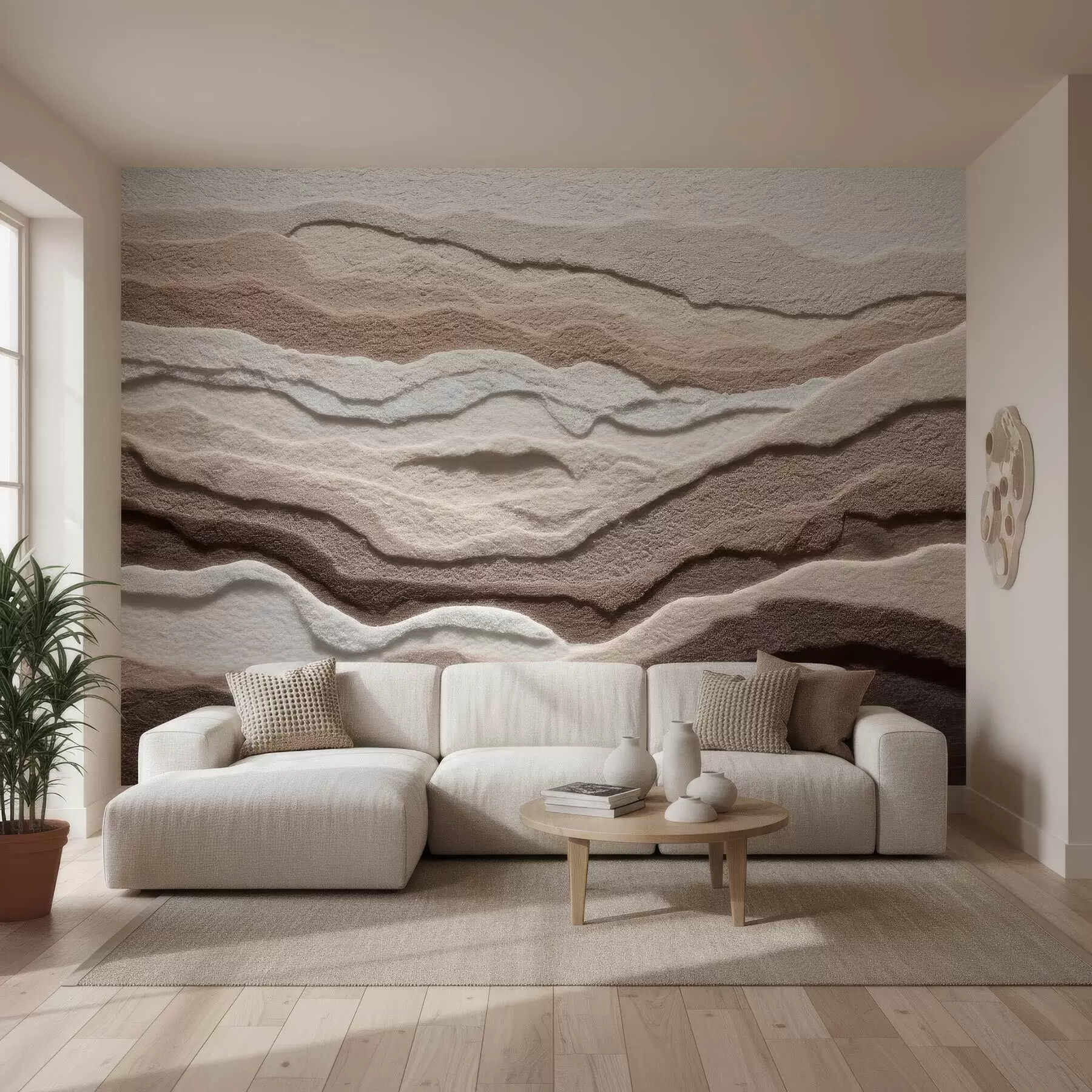 Fototapet Texturerad tapet med skiktade sandformationer i en varm beige färgskala w09807