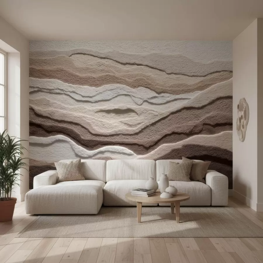 Fototapet Texturerad tapet med skiktade sandformationer i en varm beige färgskala w09807