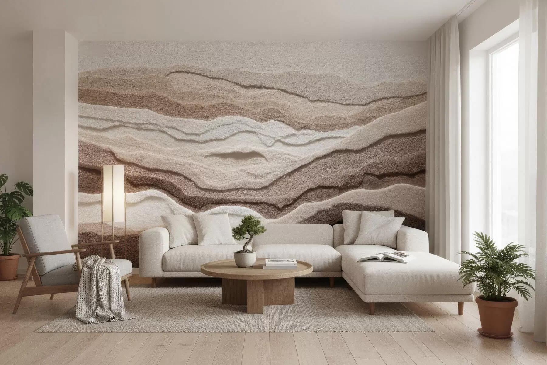 Fototapet Texturerad tapet med skiktade sandformationer i en varm beige färgskala w09807
