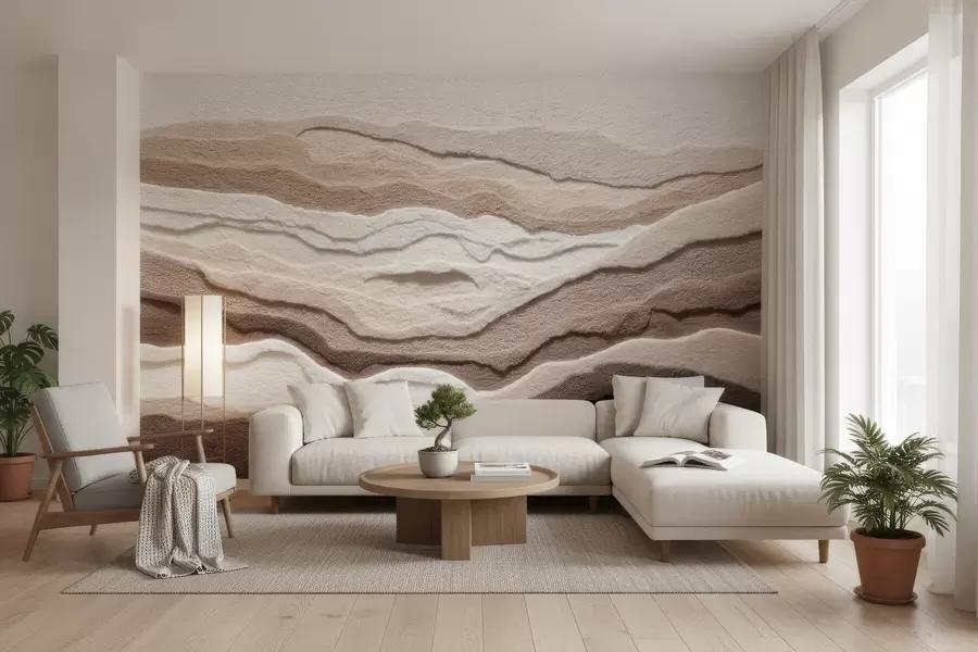Fototapet Texturerad tapet med skiktade sandformationer i en varm beige färgskala w09807