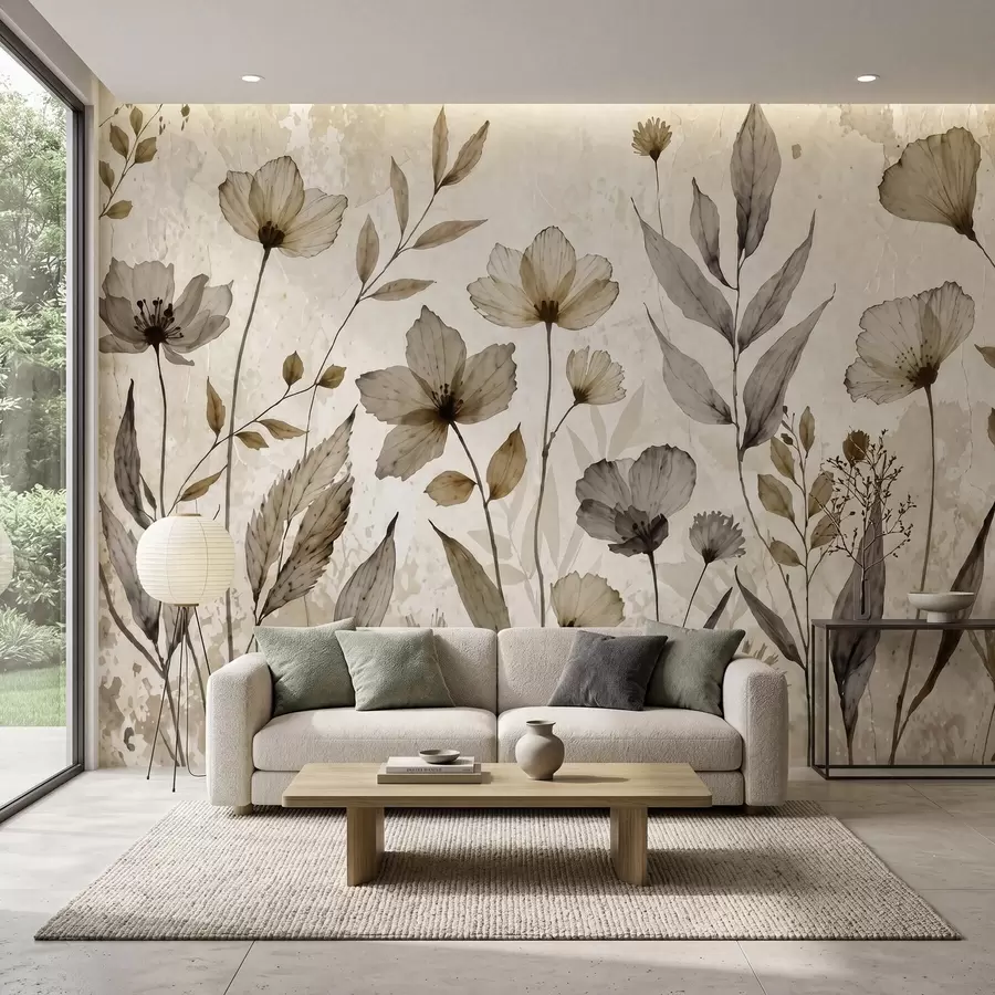 Fototapet Fina akvarellmålningar av vildblommor i en mjuk palett av beige och krämfärger w09875