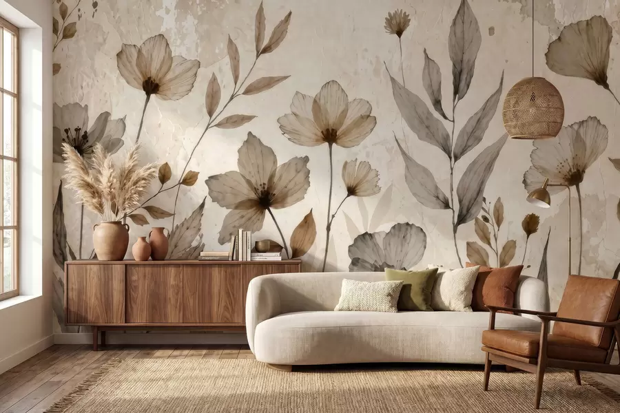 Fototapet Fina akvarellmålningar av vildblommor i en mjuk palett av beige och krämfärger w09875