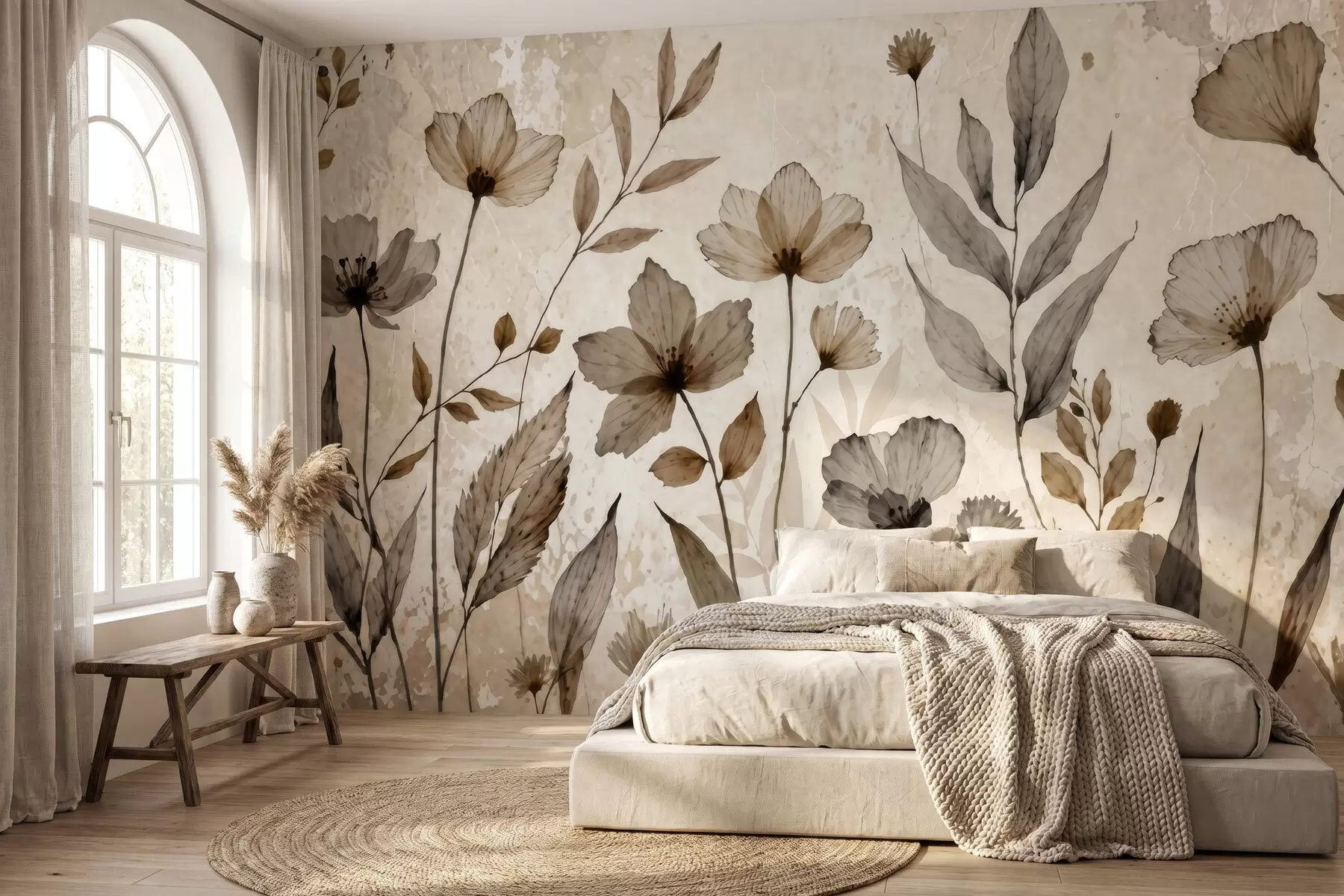 Fototapet Fina akvarellmålningar av vildblommor i en mjuk palett av beige och krämfärger w09875