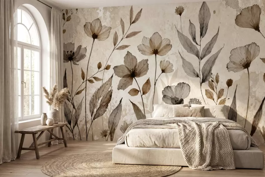 Fototapet Fina akvarellmålningar av vildblommor i en mjuk palett av beige och krämfärger w09875
