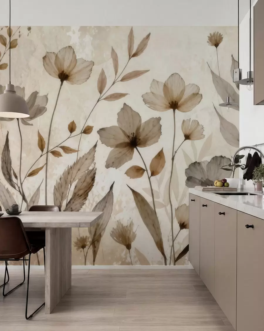 Fototapet Fina akvarellmålningar av vildblommor i en mjuk palett av beige och krämfärger w09875