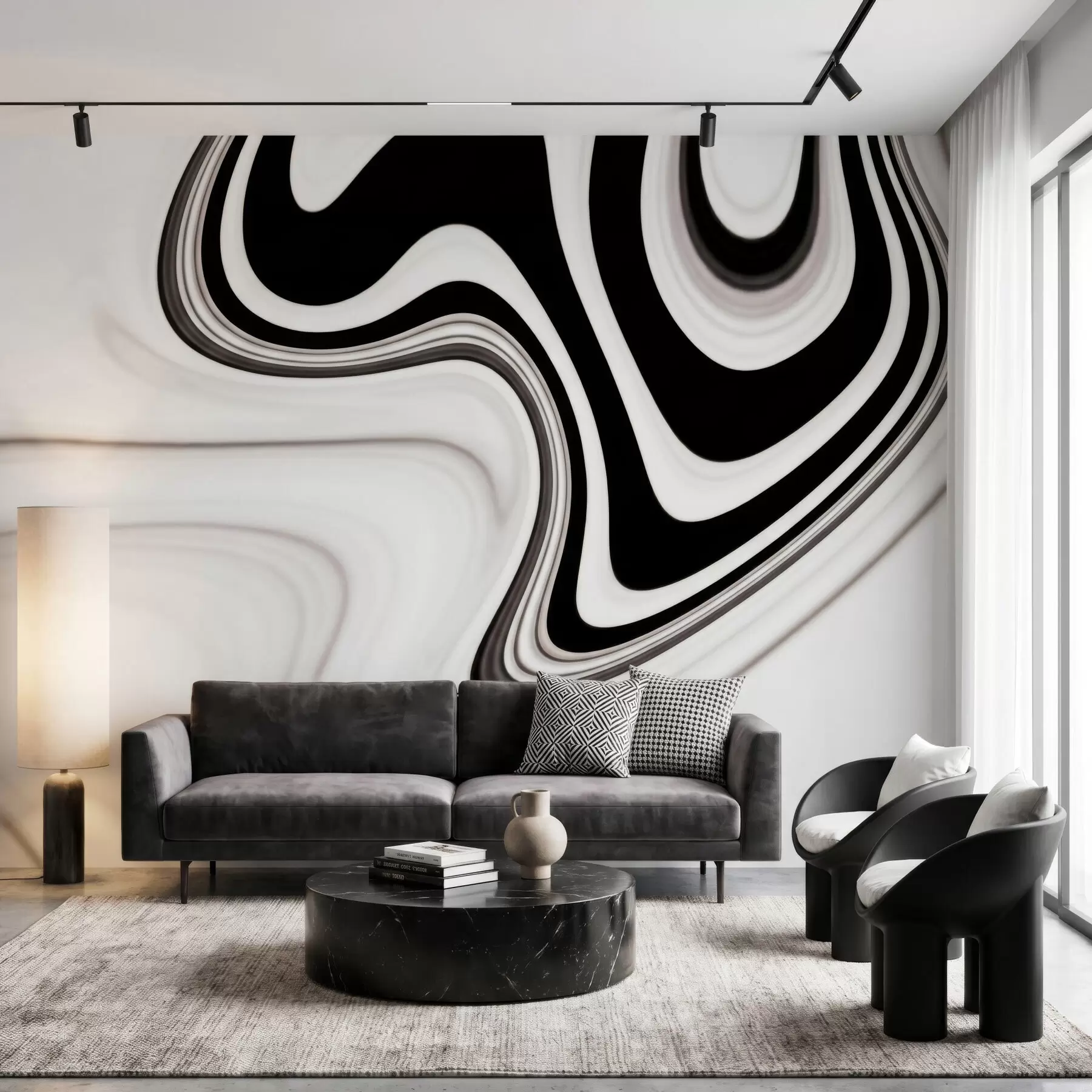 Fototapet Abstrakt tapet med böljande svarta och vita vågor i modern minimalistisk stil w09877