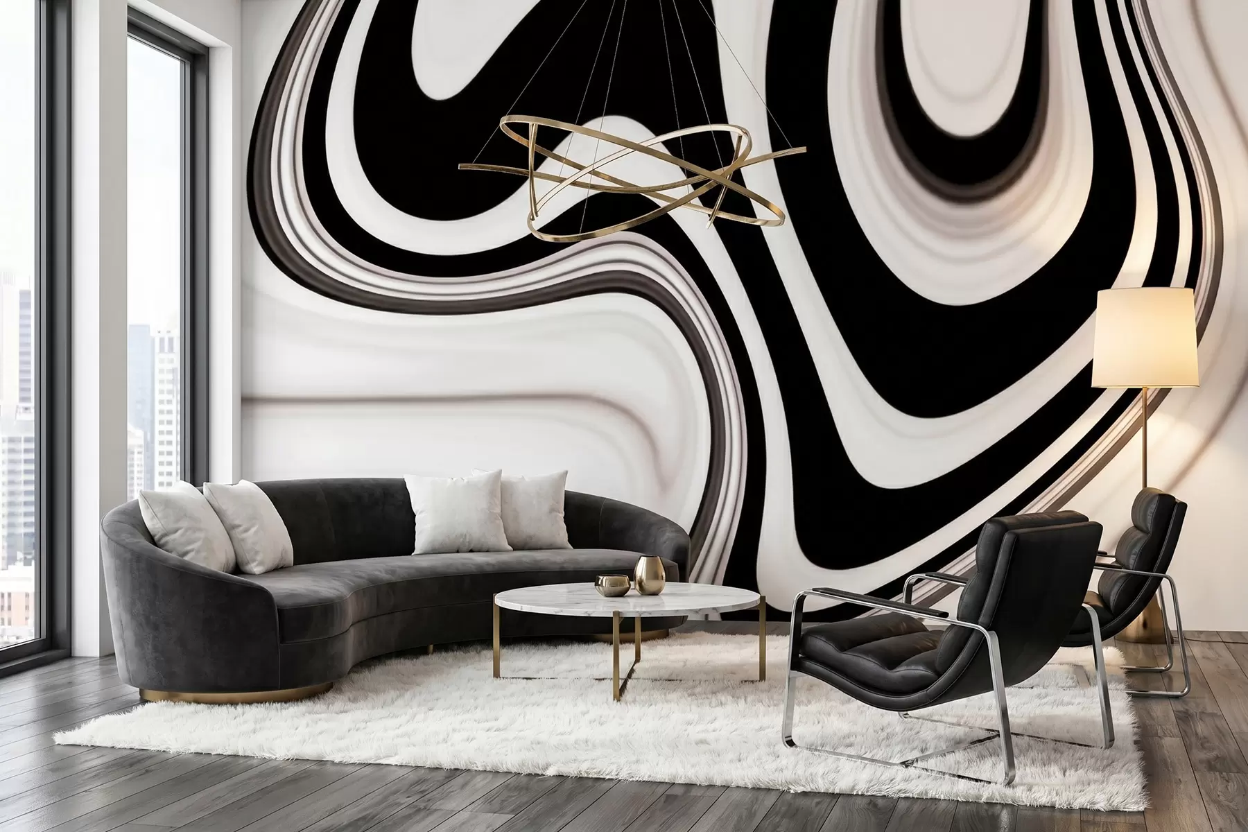 Fototapet Abstrakt tapet med böljande svarta och vita vågor i modern minimalistisk stil w09877