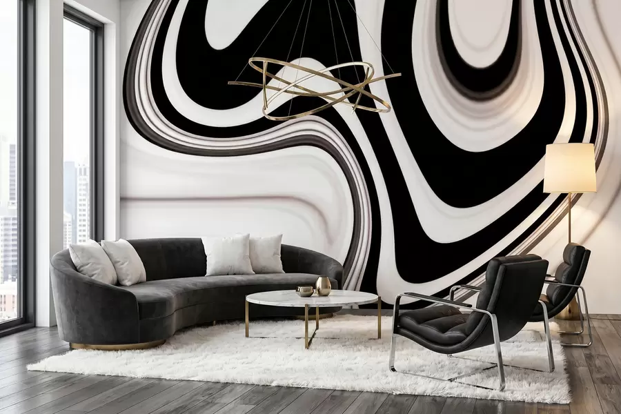 Fototapet Abstrakt tapet med böljande svarta och vita vågor i modern minimalistisk stil w09877