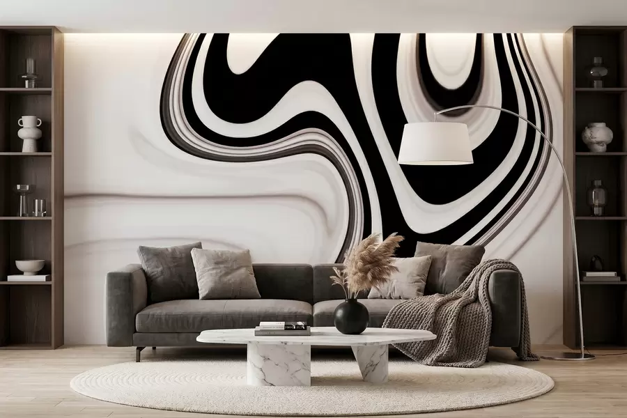 Fototapet Abstrakt tapet med böljande svarta och vita vågor i modern minimalistisk stil w09877