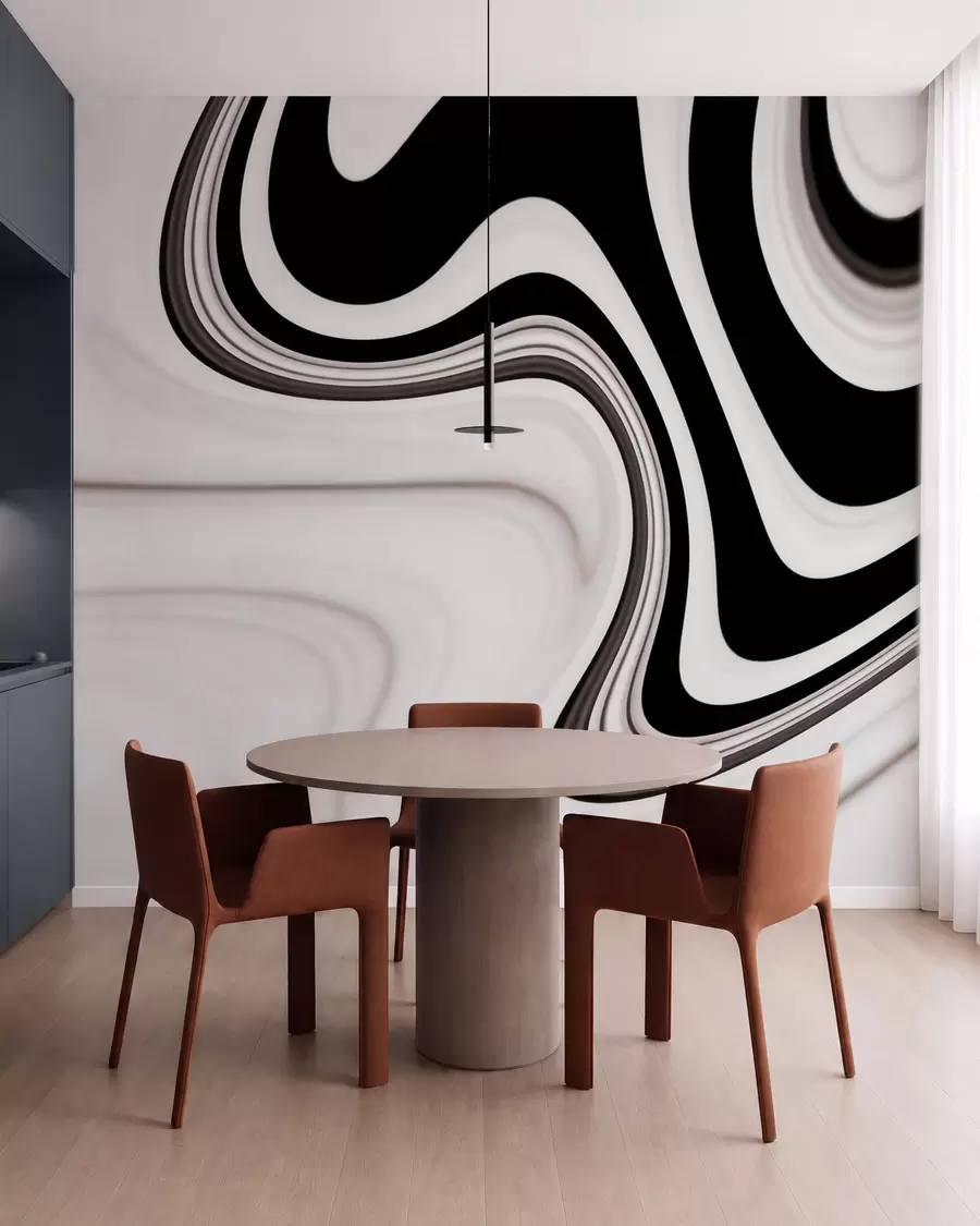 Fototapet Abstrakt tapet med böljande svarta och vita vågor i modern minimalistisk stil w09877