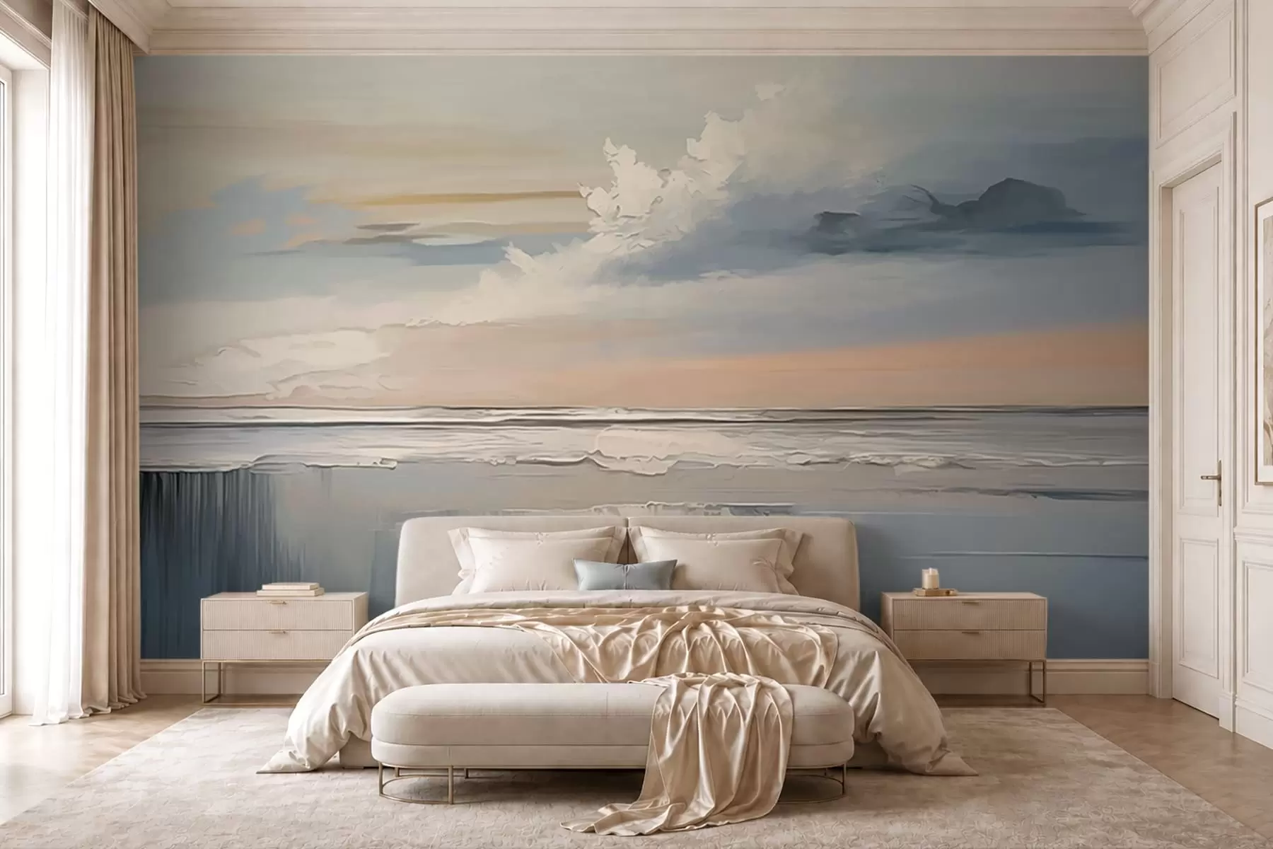Fototapet Pastellfärgad strand med moln och spegelbild i vattnet w05687