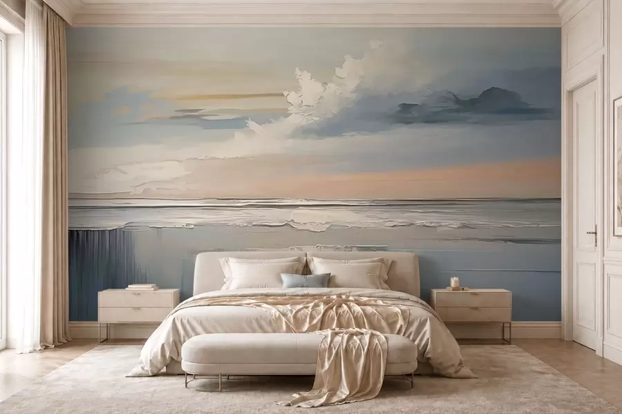 Fototapet Pastellfärgad strand med moln och spegelbild i vattnet w05687