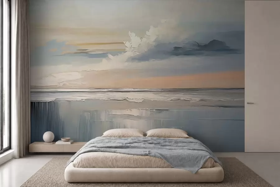 Fototapet Pastellfärgad strand med moln och spegelbild i vattnet w05687