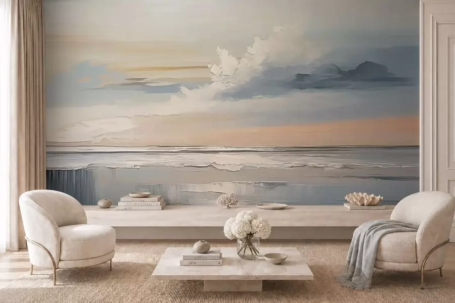 Fototapet Pastellfärgad strand med moln och spegelbild i vattnet w05687