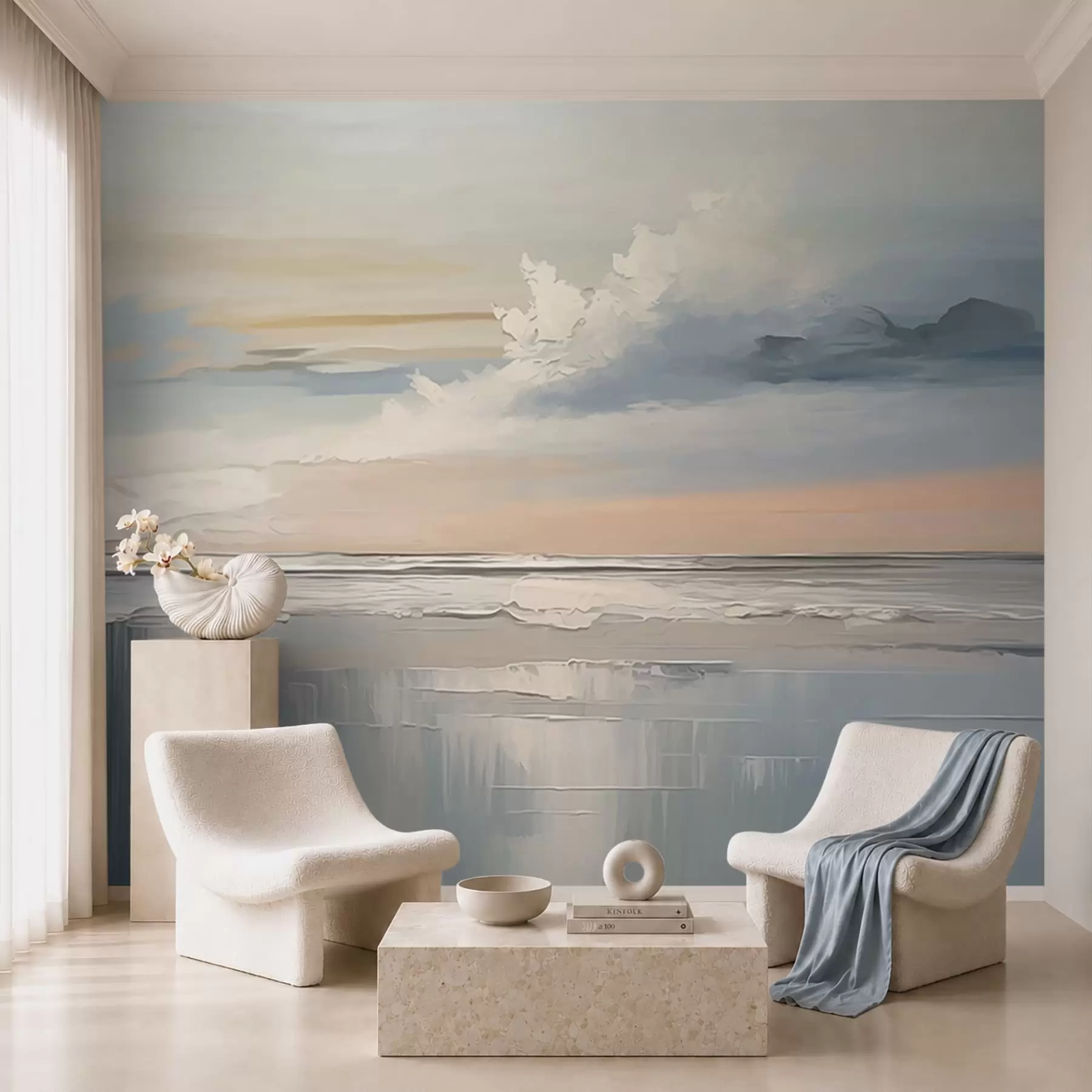 Fototapet Pastellfärgad strand med moln och spegelbild i vattnet w05687