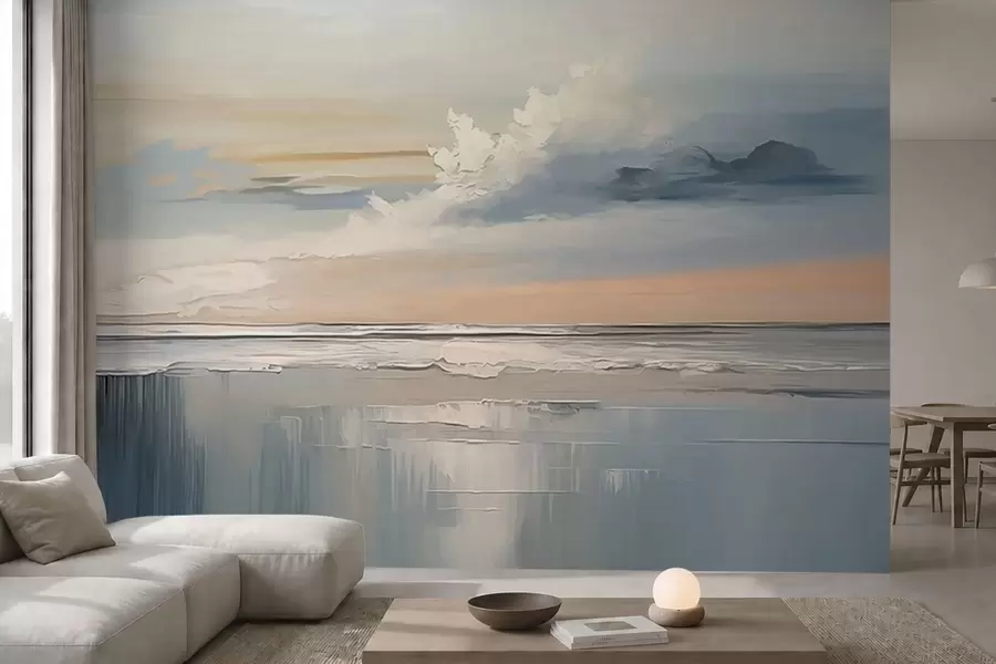 Fototapet Pastellfärgad strand med moln och spegelbild i vattnet w05687