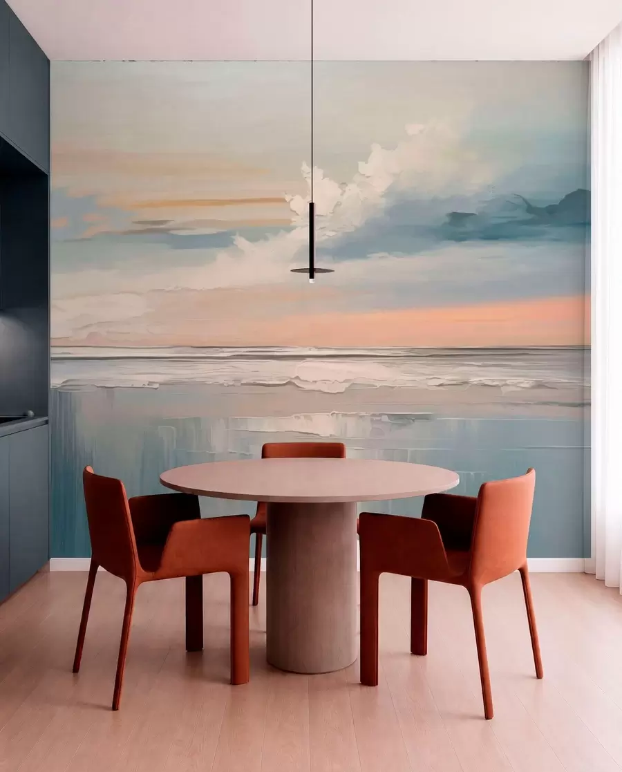 Fototapet Pastellfärgad strand med moln och spegelbild i vattnet w05687