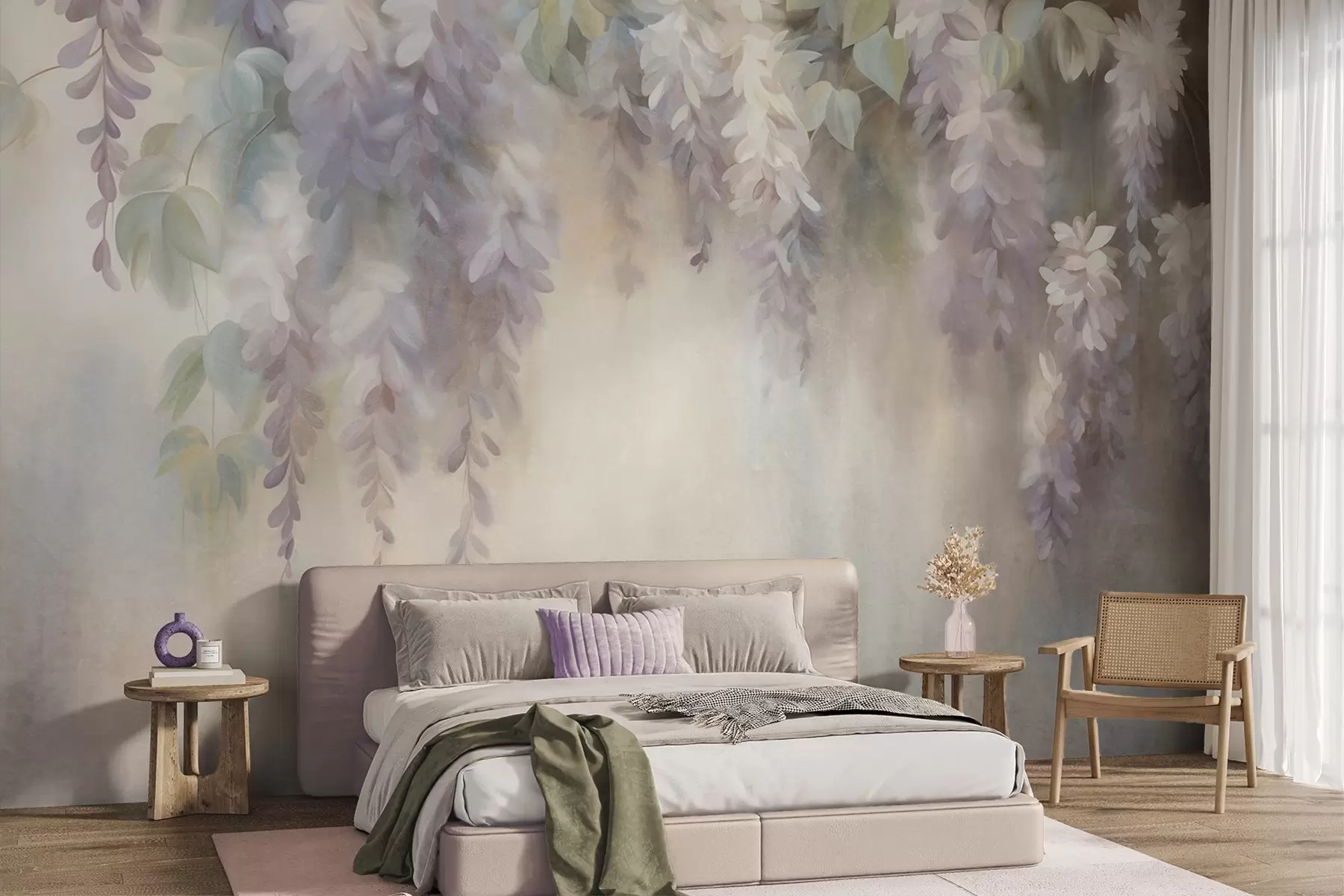 Fototapet Strukturerade ljuslila blåregnblommor som hänger nedåt tillsammans med gröna blad, mot en pastellfärgad bakgrund w09896