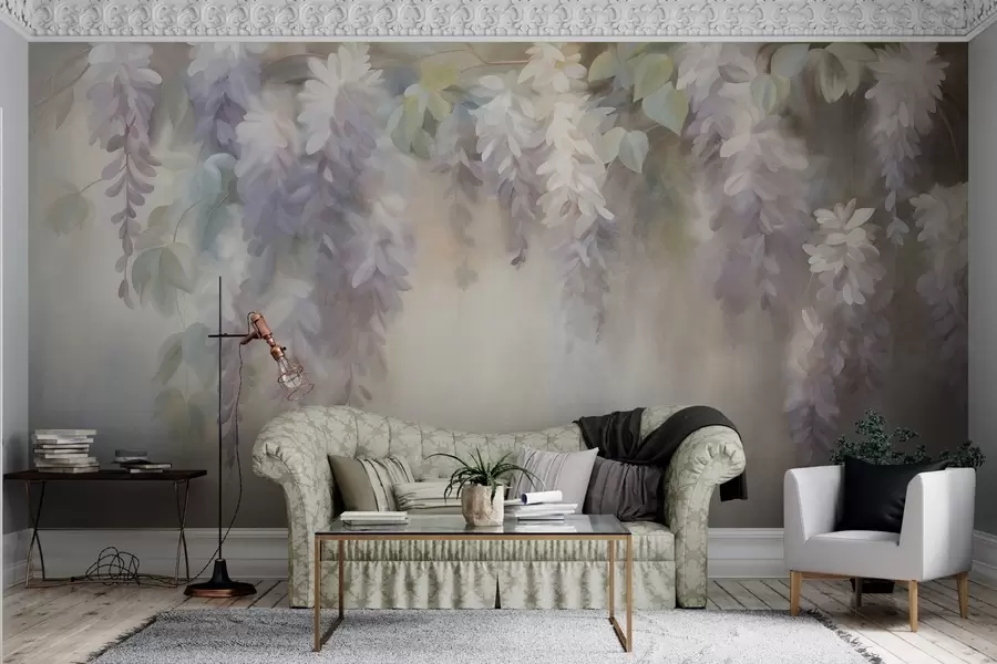 Fototapet Strukturerade ljuslila blåregnblommor som hänger nedåt tillsammans med gröna blad, mot en pastellfärgad bakgrund w09896