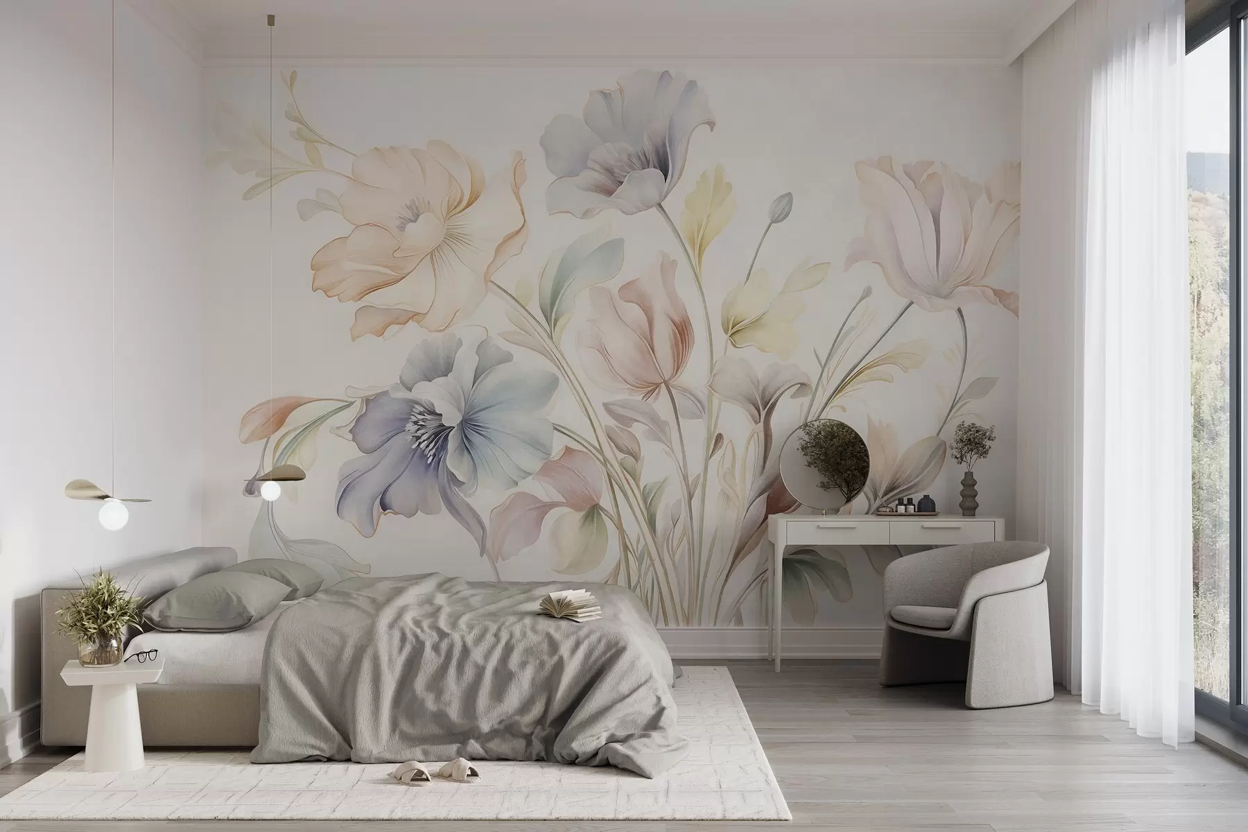 Fototapet Ömtåliga blommor i pastellfärger i rosa, blått och gult med gröna blad, ljus bakgrund w09898