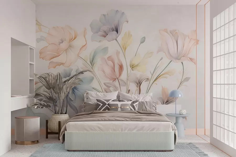 Fototapet Ömtåliga blommor i pastellfärger i rosa, blått och gult med gröna blad, ljus bakgrund w09898