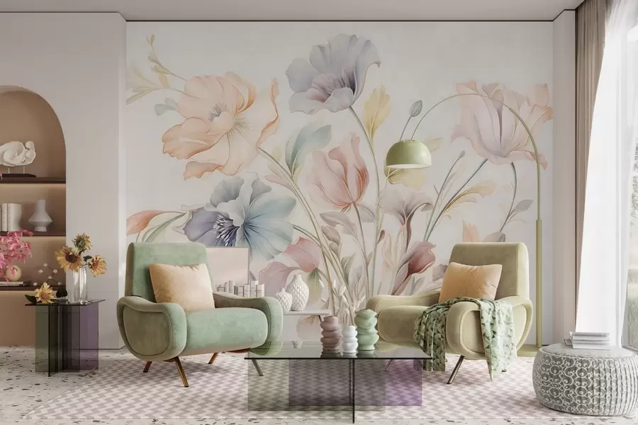 Fototapet Ömtåliga blommor i pastellfärger i rosa, blått och gult med gröna blad, ljus bakgrund w09898