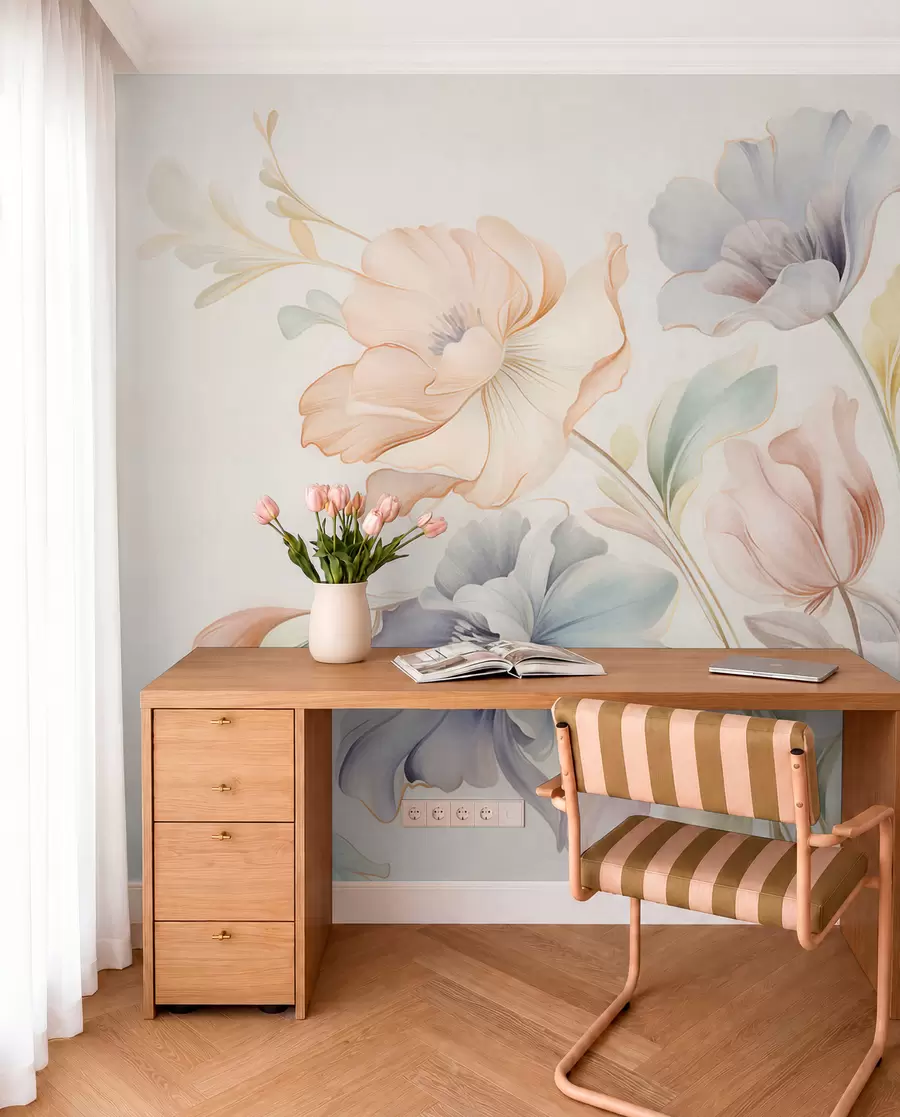 Fototapet Ömtåliga blommor i pastellfärger i rosa, blått och gult med gröna blad, ljus bakgrund w09898
