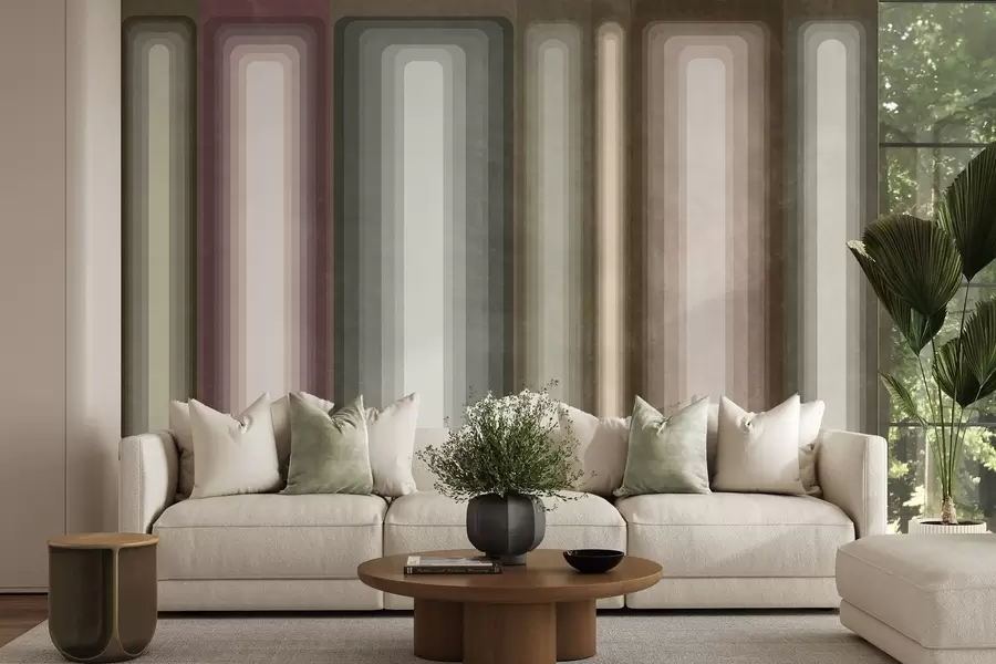Fototapet Strukturerade, abstrakta, vertikala, avrundade rektanglar i dämpade nyanser av brunt, beige och ljusrosa w09905