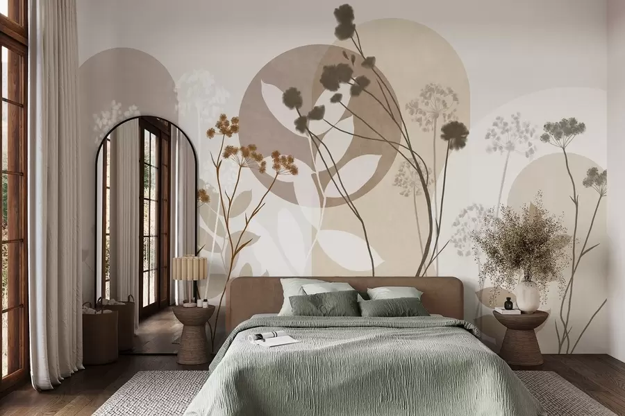 Fototapet En botanisk och minimalistisk komposition av torkade blommor och blad med abstrakt geometri w09906