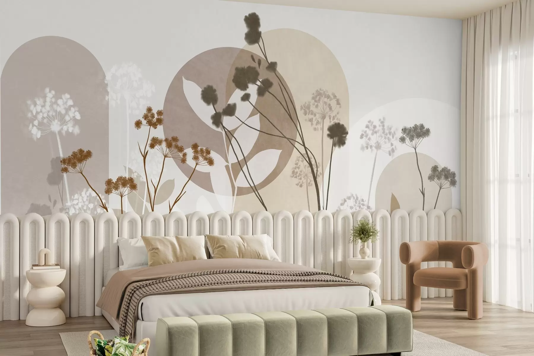 Fototapet En botanisk och minimalistisk komposition av torkade blommor och blad med abstrakt geometri w09906