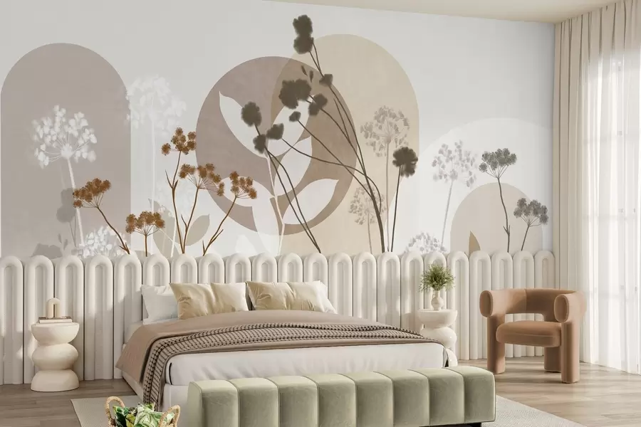 Fototapet En botanisk och minimalistisk komposition av torkade blommor och blad med abstrakt geometri w09906