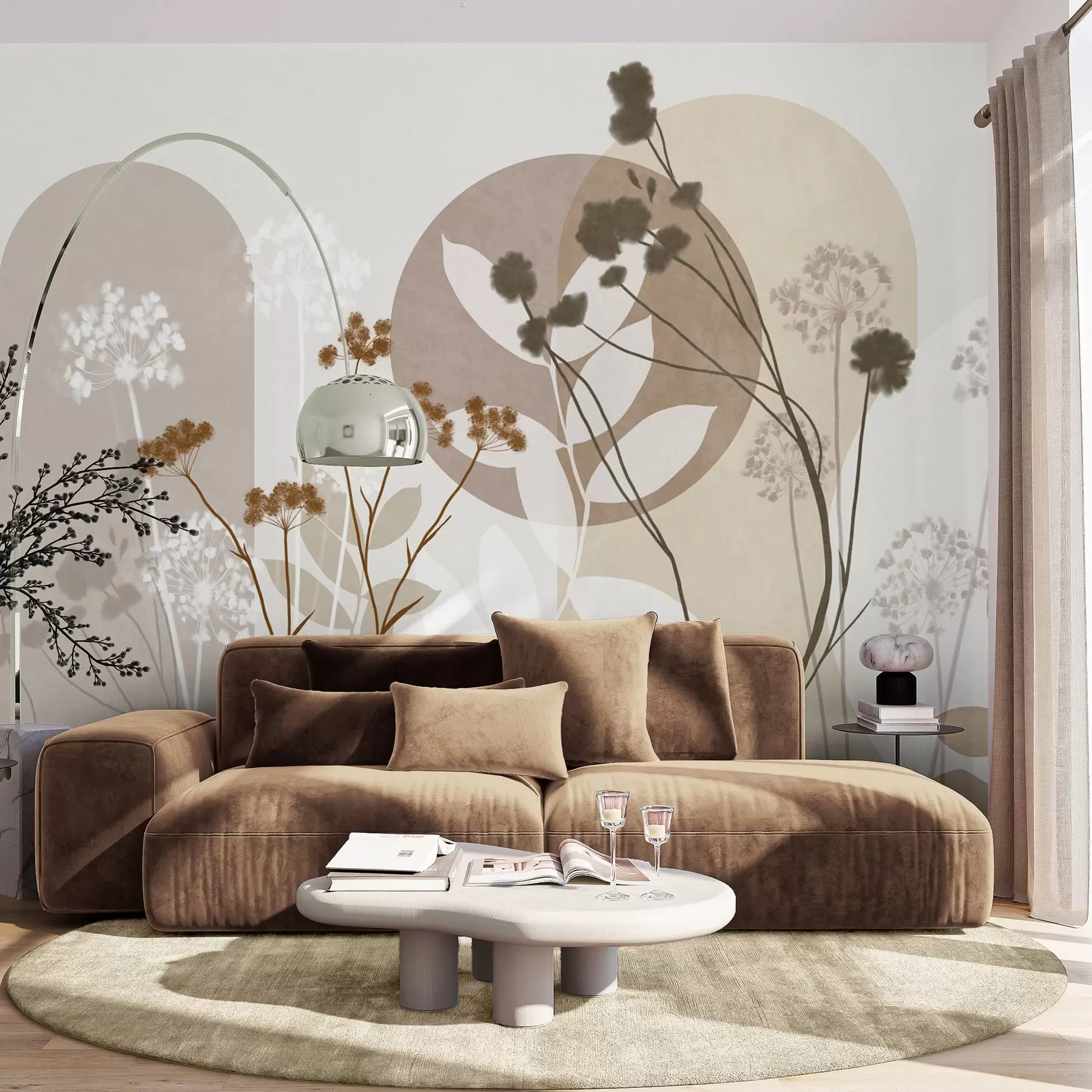 Fototapet En botanisk och minimalistisk komposition av torkade blommor och blad med abstrakt geometri w09906