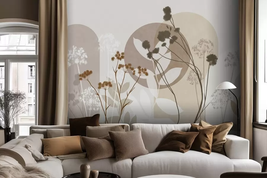 Fototapet En botanisk och minimalistisk komposition av torkade blommor och blad med abstrakt geometri w09906