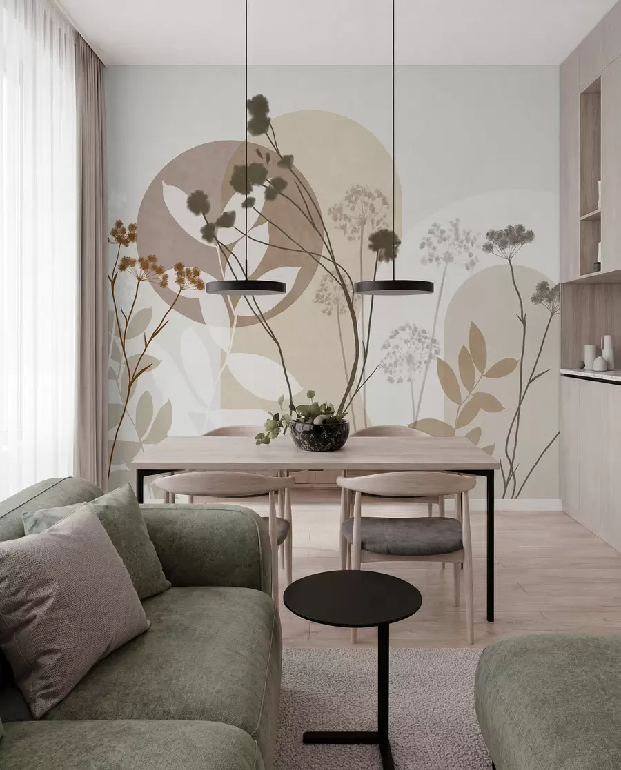 Fototapet En botanisk och minimalistisk komposition av torkade blommor och blad med abstrakt geometri w09906