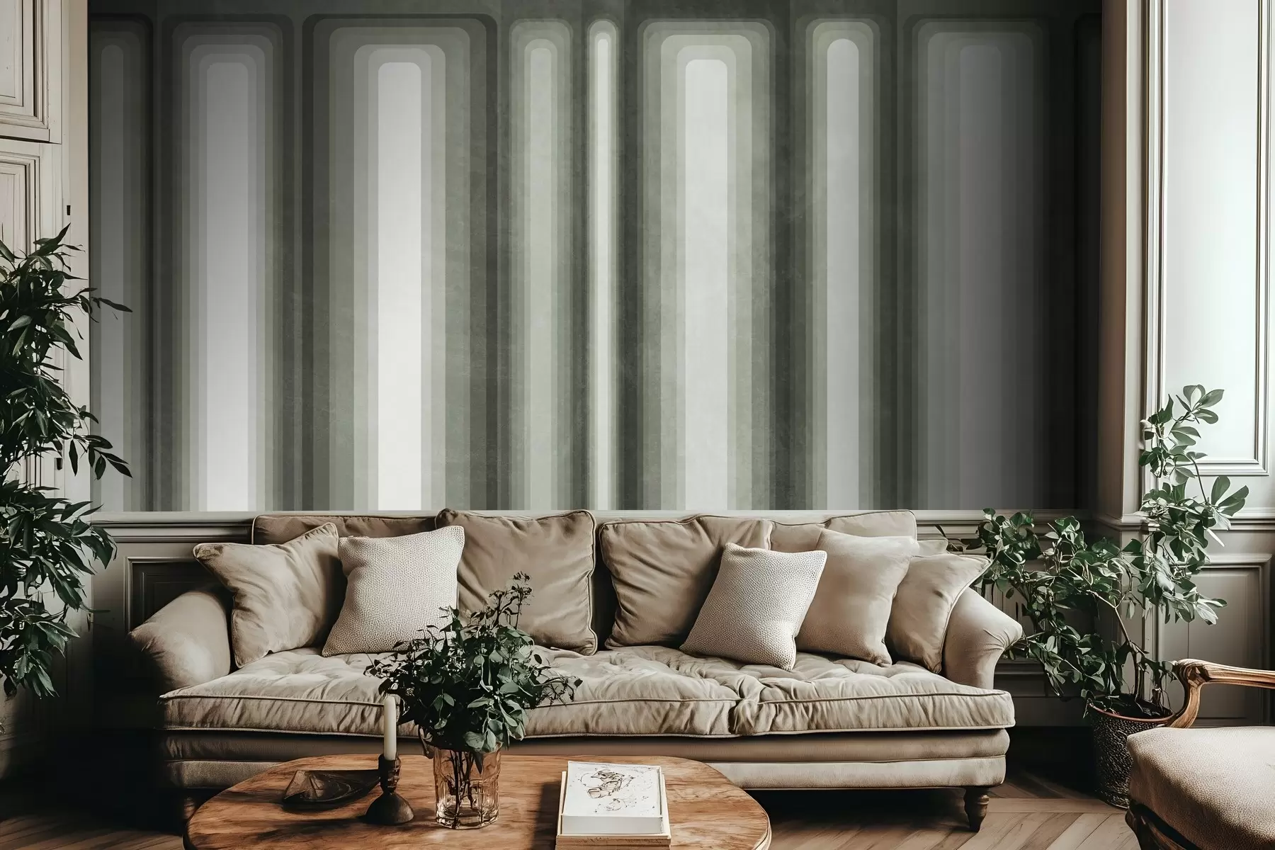 Fototapet Strukturerade, abstrakta, vertikala, avrundade rektanglar i dämpade gröna nyanser w09905v2