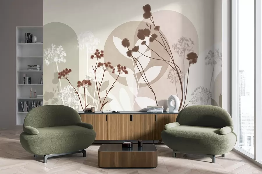 Fototapet En botanisk och minimalistisk komposition av torkade blommor och blad med abstrakt geometri w09906v1