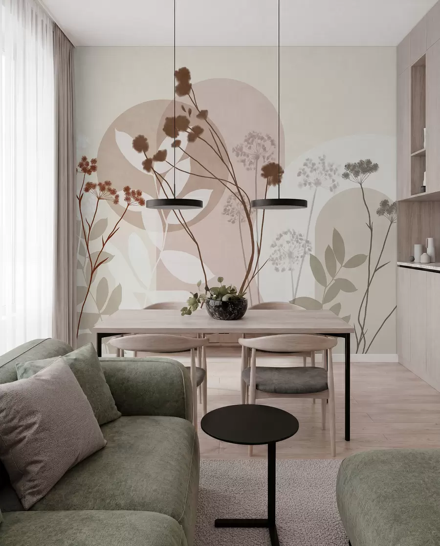 Fototapet En botanisk och minimalistisk komposition av torkade blommor och blad med abstrakt geometri w09906v1