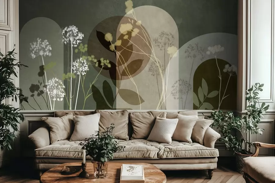 Fototapet En botanisk och minimalistisk komposition av torkade blommor och blad med abstrakt geometri w09906v2