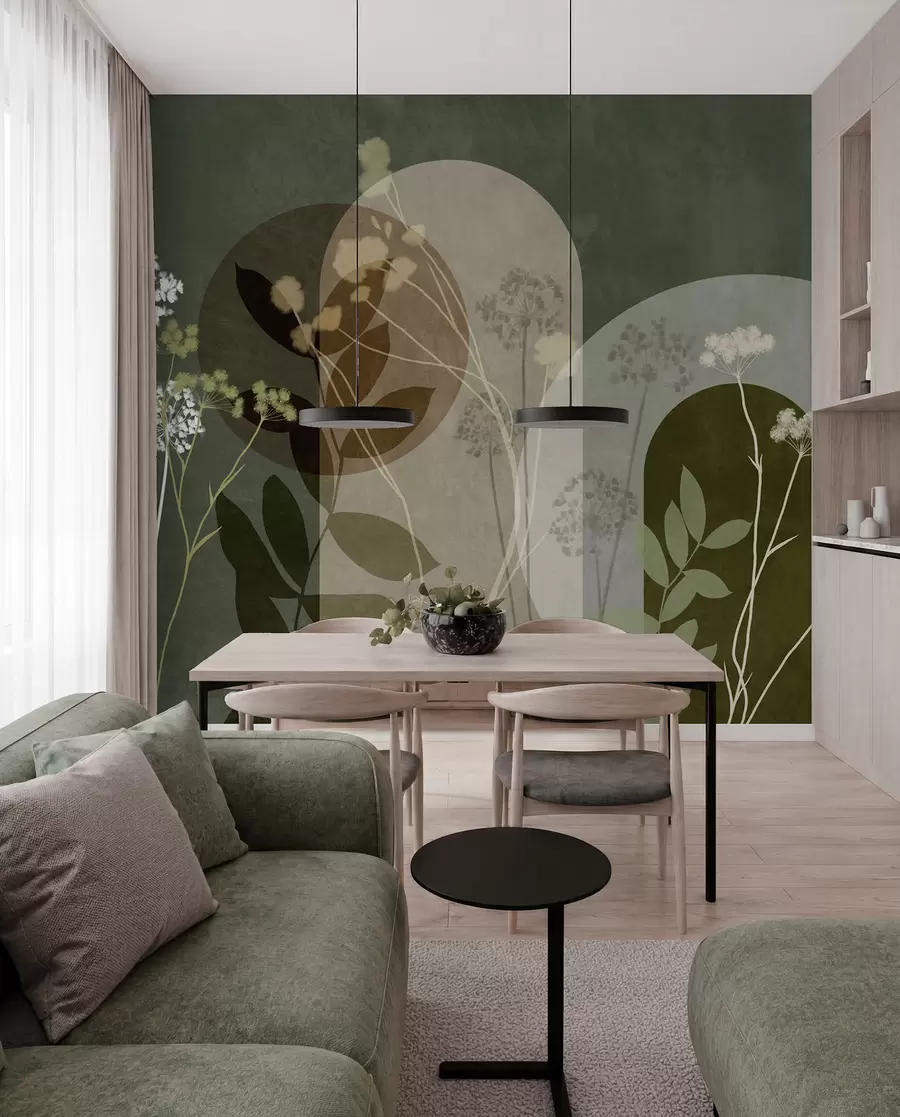 Fototapet En botanisk och minimalistisk komposition av torkade blommor och blad med abstrakt geometri w09906v2